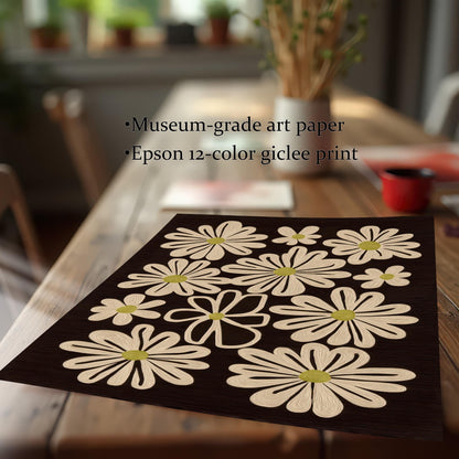 Close-up of the retro daisy flower art print on a dark wood background, laying on a wood table, featuring the text: ""Museum-grade art paper"" and ""Epson 12-color giclee print"".
