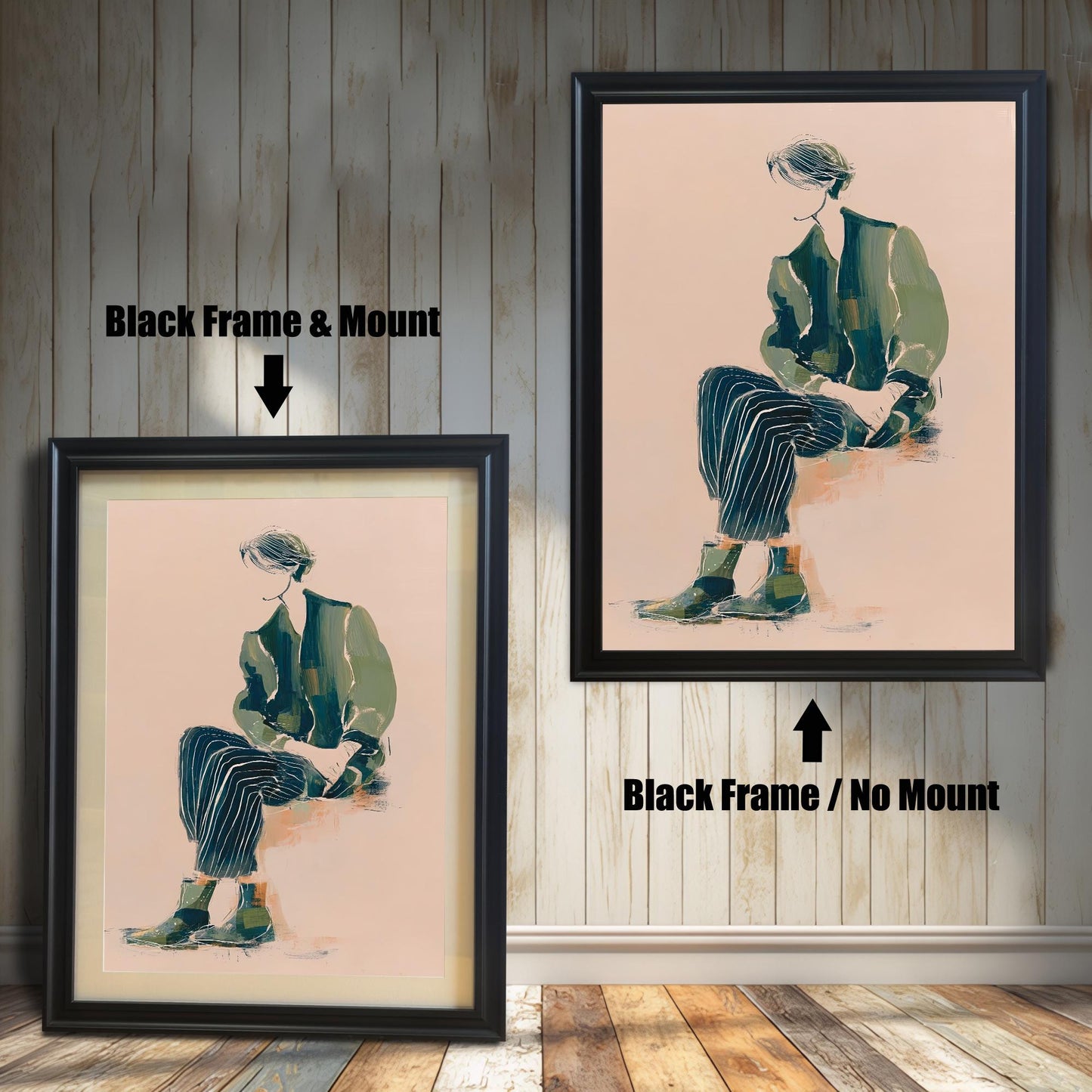 Comparison of the art print in a Black wood frame: Left is "Black Frame & Mount" with a light matting, and Right is "Black Frame / No Mount" without matting. The artwork features a figure seated in green and dark striped clothing on a light pink background.