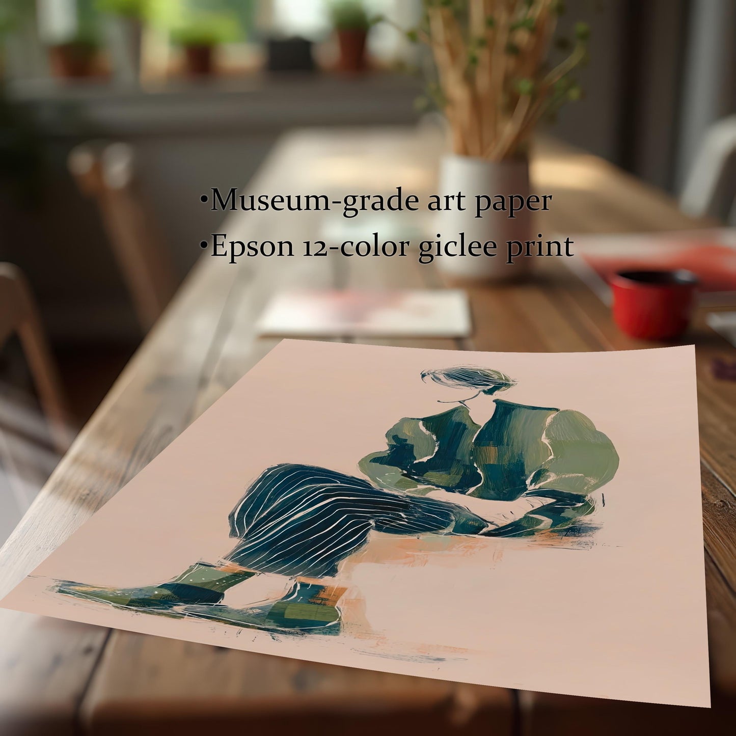 Close-up detail of the art print lying on a wooden table, emphasizing the print quality. Text notes "Museum-grade art paper" and "Epson 12-color giclee print."