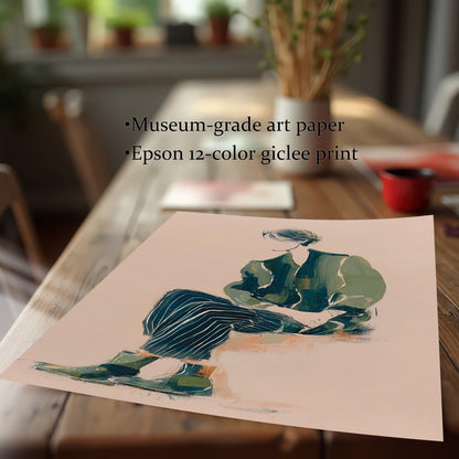 Close-up detail of the art print lying on a wooden table, emphasizing the print quality. Text notes "Museum-grade art paper" and "Epson 12-color giclee print."