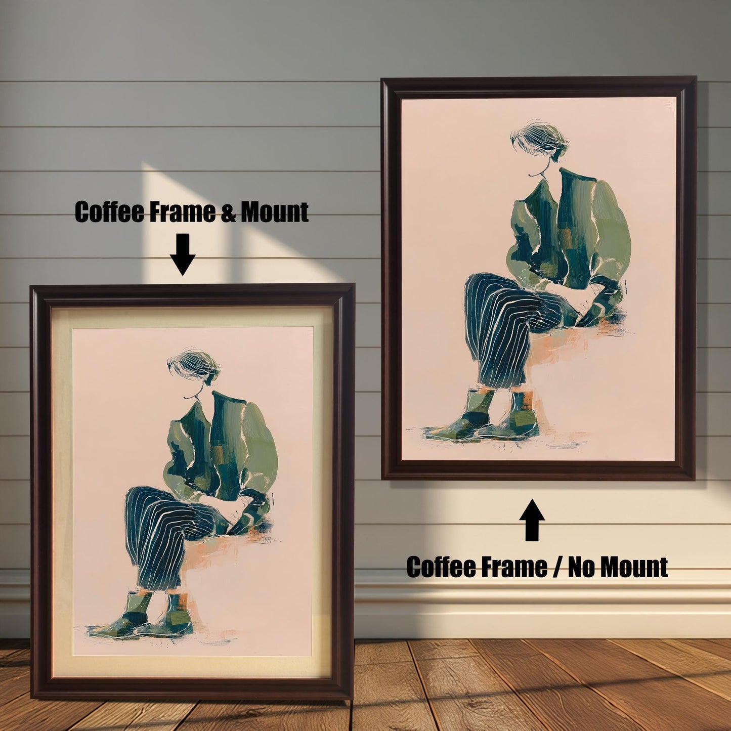 Comparison of the art print in a Coffee wood frame: Left is "Coffee Frame & Mount" with a light matting, and Right is "Coffee Frame / No Mount" without matting. The artwork features a figure seated in green and dark striped clothing on a light pink background.