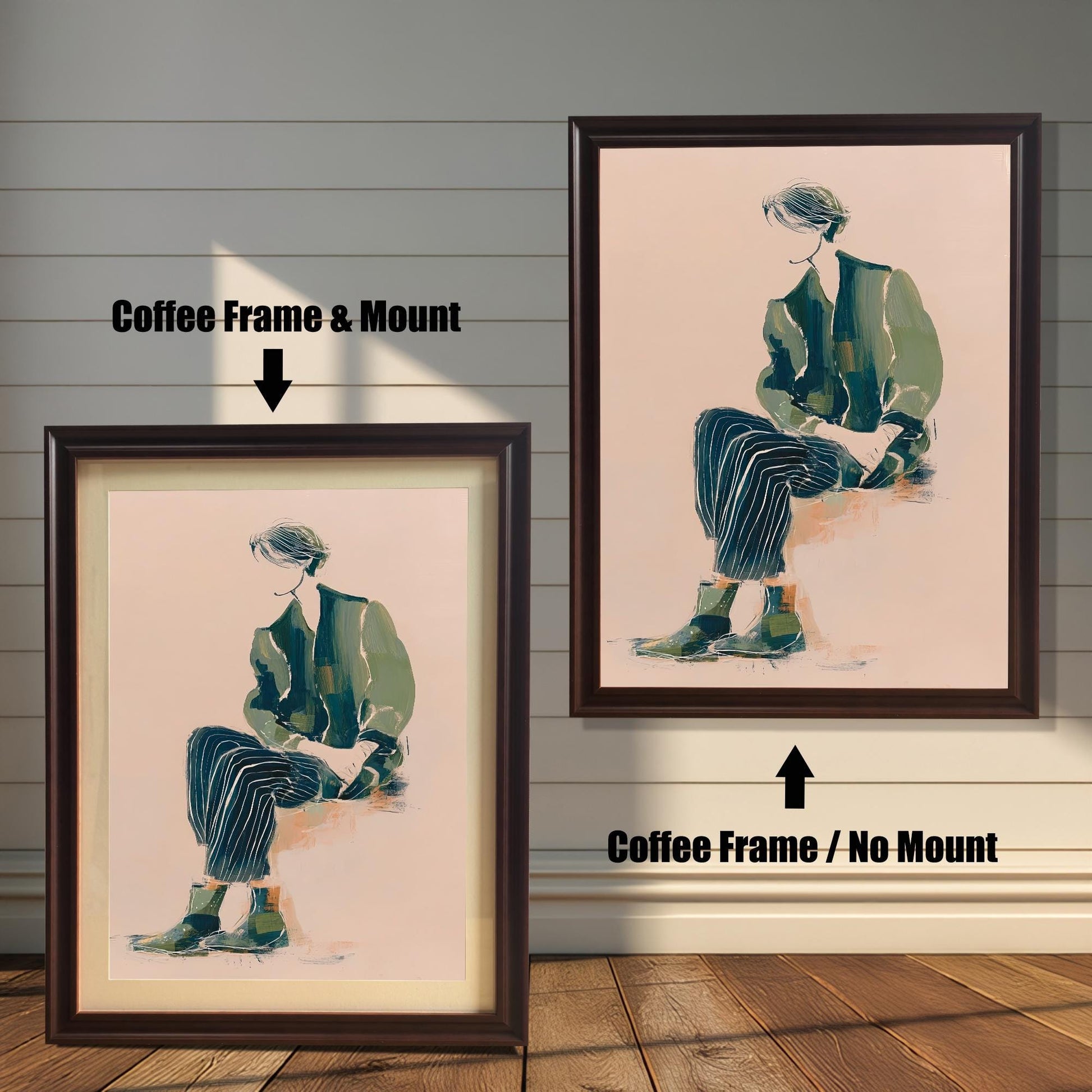 Comparison of the art print in a Coffee wood frame: Left is "Coffee Frame & Mount" with a light matting, and Right is "Coffee Frame / No Mount" without matting. The artwork features a figure seated in green and dark striped clothing on a light pink background.