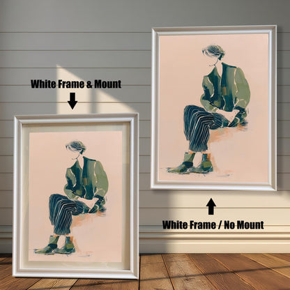 Comparison of the art print in a White wood frame: Left is "White Frame & Mount" with a light matting, and Right is "White Frame / No Mount" without matting. The artwork features a figure seated in green and dark striped clothing on a light pink background.