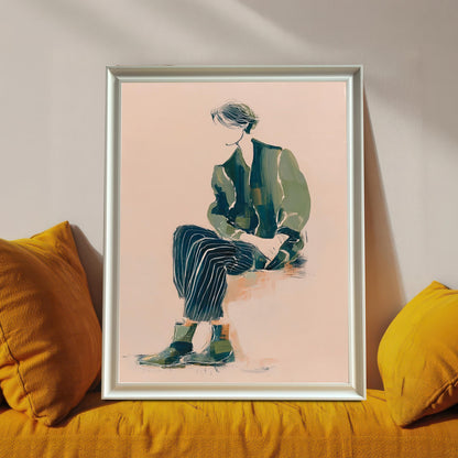 Lifestyle photo of the art print in a White wood frame propped up on a mustard yellow couch or chair between two pillows. The print features a seated figure in green and dark striped clothing on a light pink background.