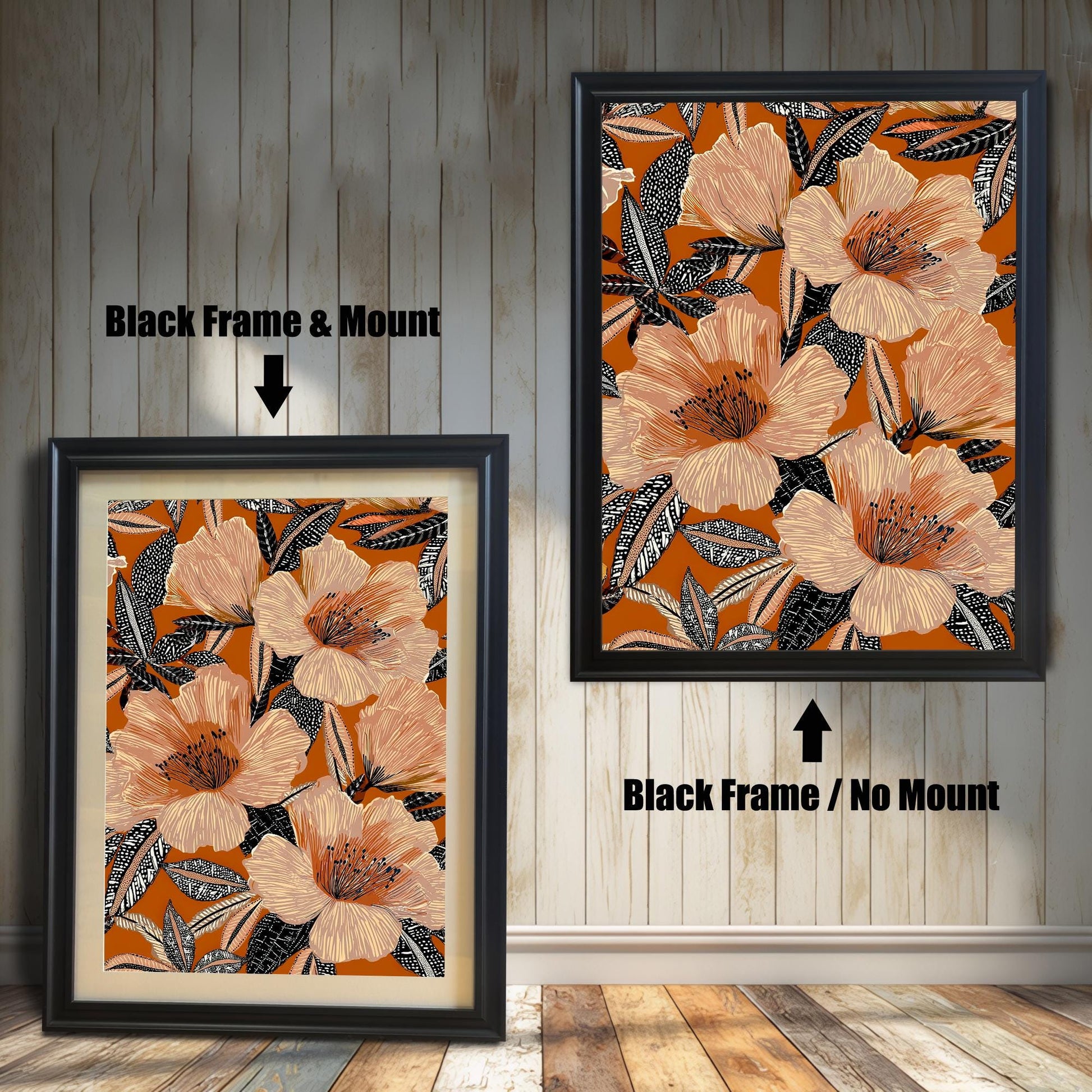 Comparison of the floral art print in a Black wood frame: Left is "Black Frame & Mount" with a light matting, and Right is "Black Frame / No Mount" without matting.