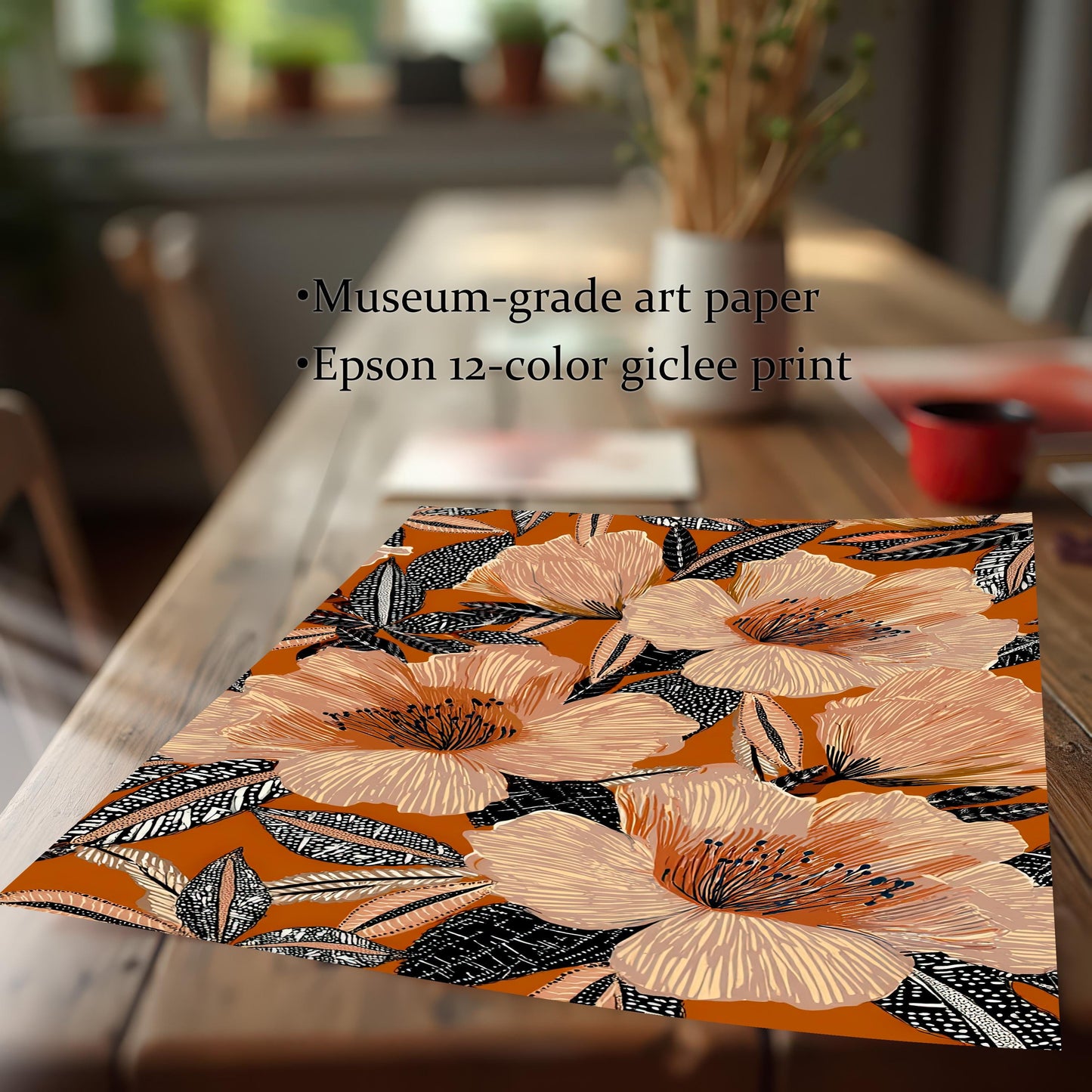 Close-up detail of the floral art print lying on a wooden table, emphasizing the print quality. Text notes "Museum-grade art paper" and "Epson 12-color giclee print."