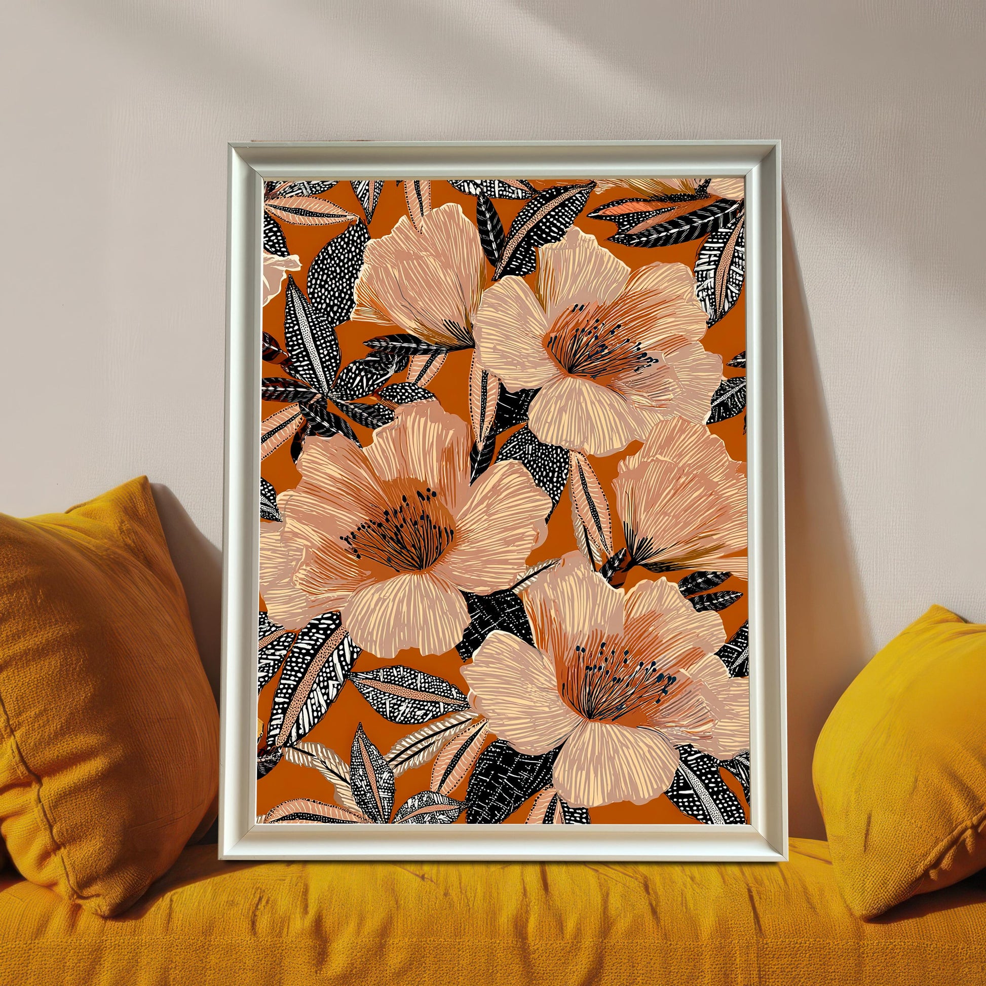Lifestyle photo of the floral art print in a White wood frame, propped up on a mustard yellow couch or chair between two pillows. The print is a bold design of peach flowers and patterned black leaves on a terracotta orange background.