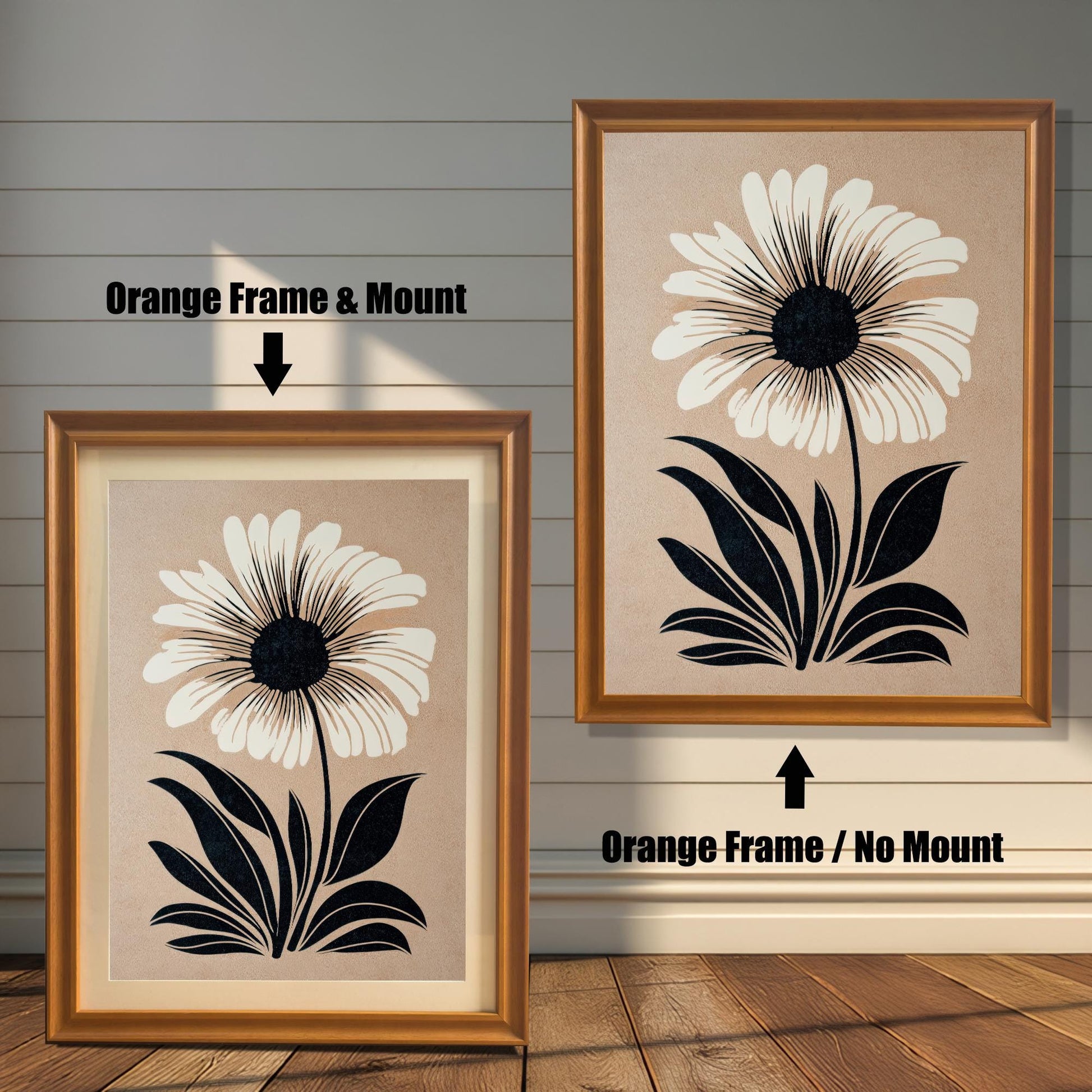 Comparison of the flower art print in an Orange wood frame: Left is "Orange Frame & Mount" with a light matting, and Right is "Orange Frame / No Mount" without matting.