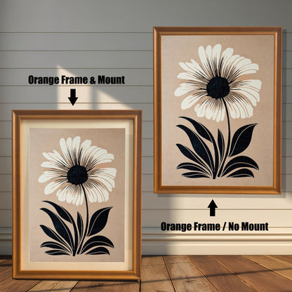 Comparison of the flower art print in an Orange wood frame: Left is "Orange Frame & Mount" with a light matting, and Right is "Orange Frame / No Mount" without matting.