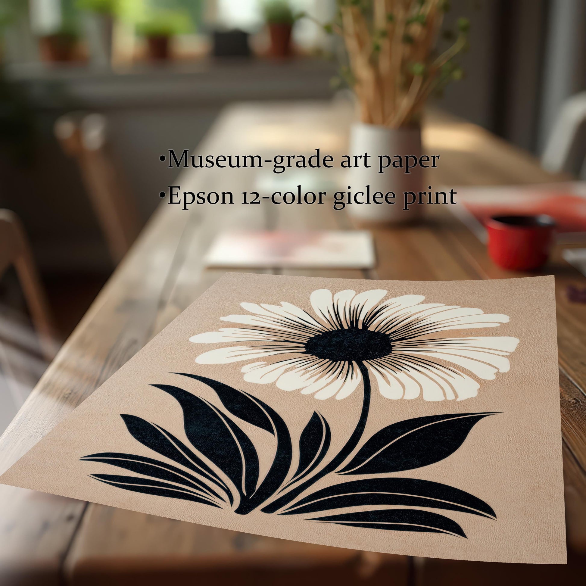 Close-up detail of the flower art print lying on a wooden table. Text notes "Museum-grade art paper" and "Epson 12-color giclee print."