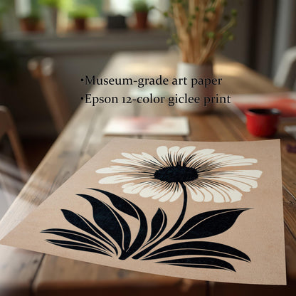 Close-up detail of the flower art print lying on a wooden table. Text notes "Museum-grade art paper" and "Epson 12-color giclee print."