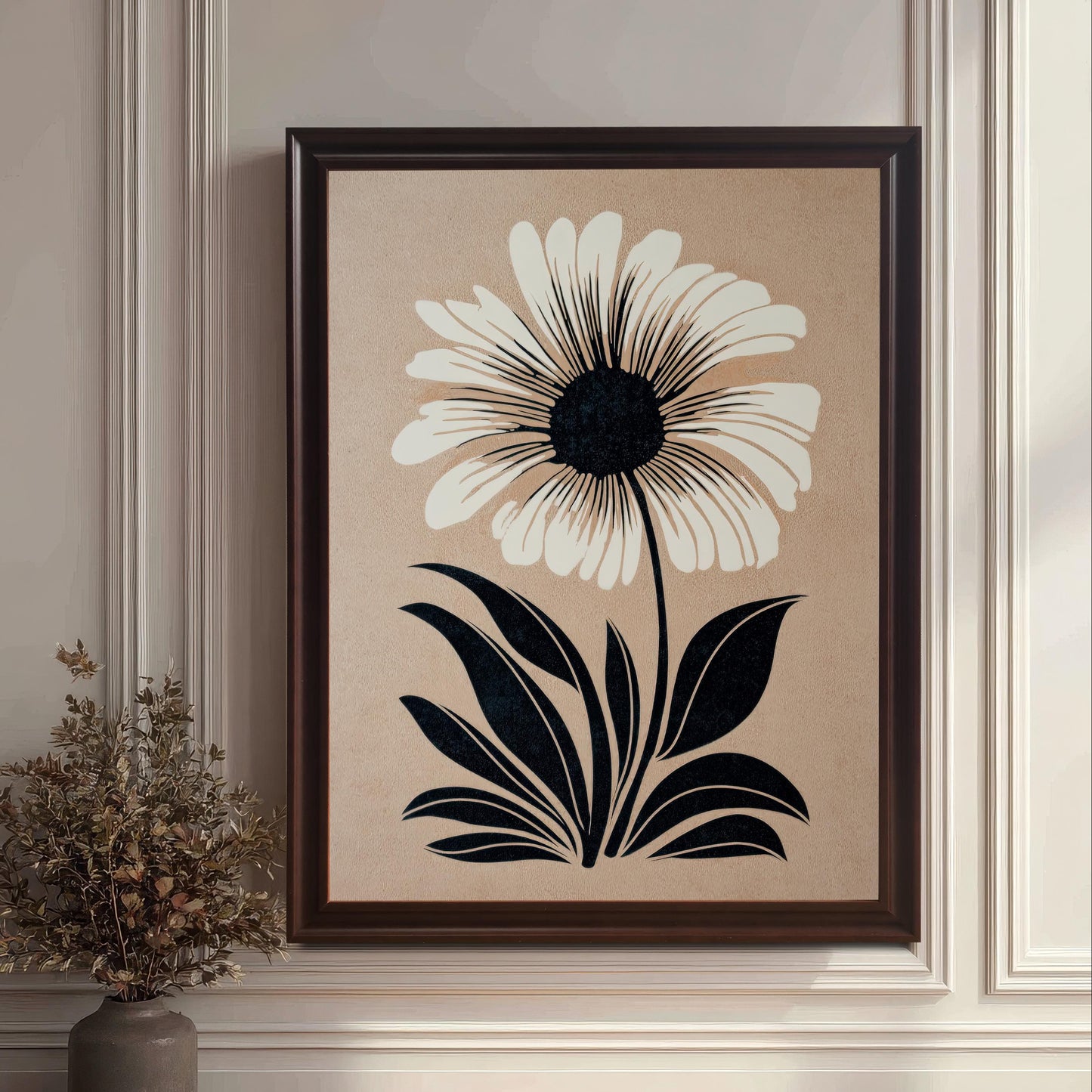 Lifestyle photo of the art print in a Coffee wood frame hanging on a formal wall with white molding, next to a vase of dried flowers.