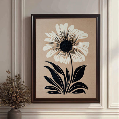 Lifestyle photo of the art print in a Coffee wood frame hanging on a formal wall with white molding, next to a vase of dried flowers.