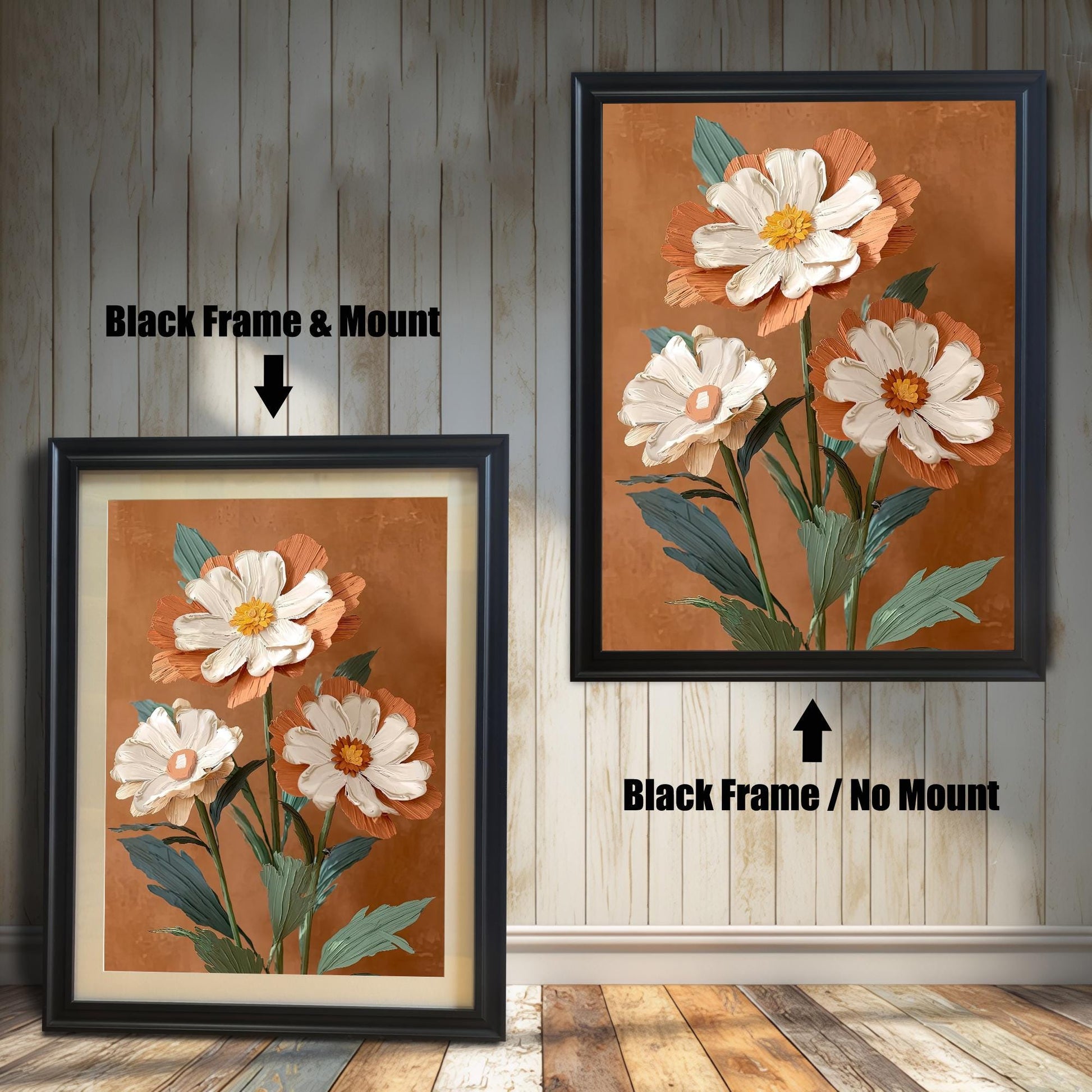 Comparison of the floral print in a Black wood frame: Left is "Black Frame & Mount" with a light matting, and Right is "Black Frame / No Mount" without matting.