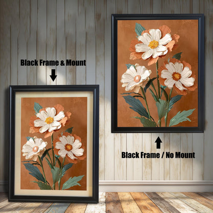 Comparison of the floral print in a Black wood frame: Left is "Black Frame & Mount" with a light matting, and Right is "Black Frame / No Mount" without matting.
