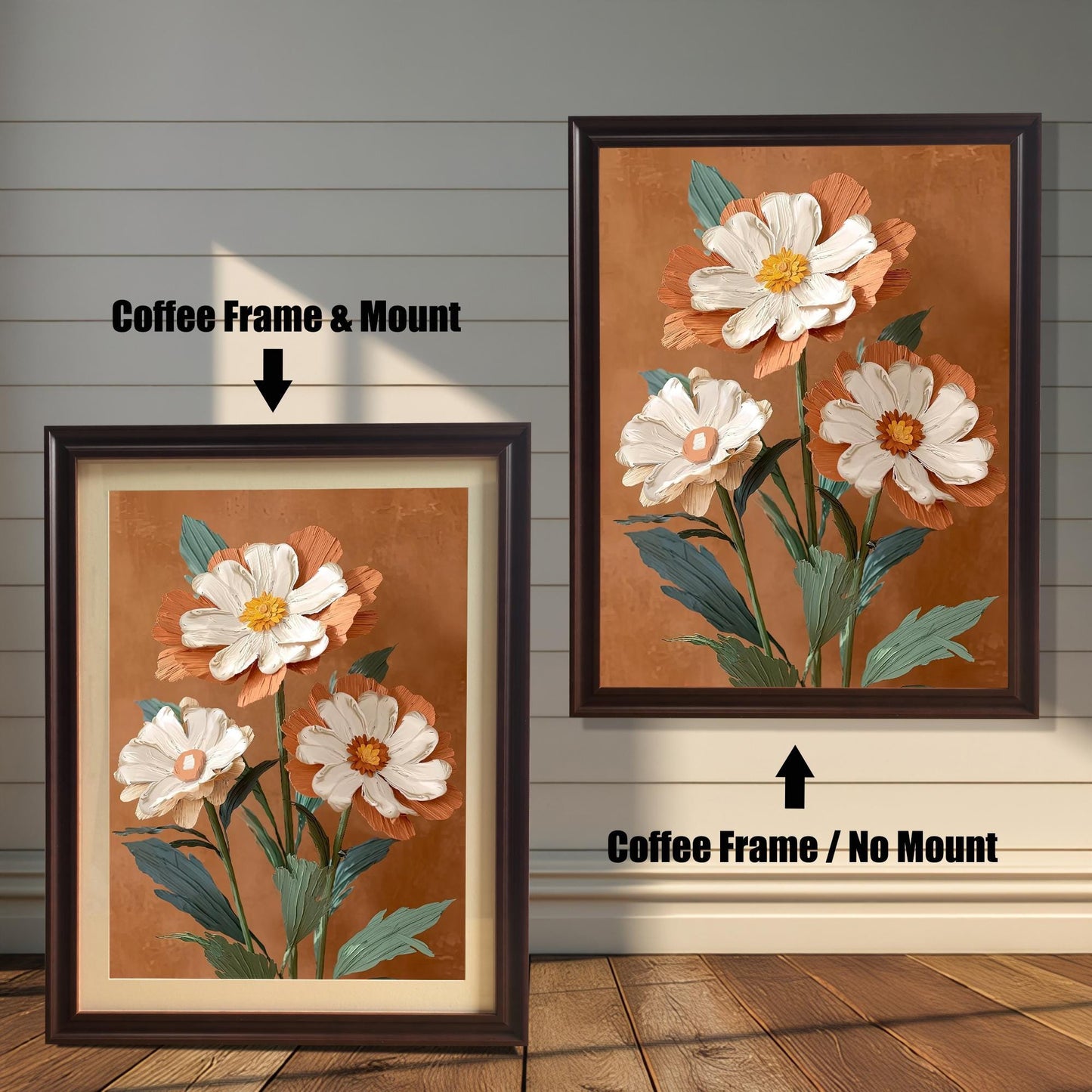 Comparison of the floral print in a Coffee wood frame: Left is "Coffee Frame & Mount" with a light matting, and Right is "Coffee Frame / No Mount" without matting.