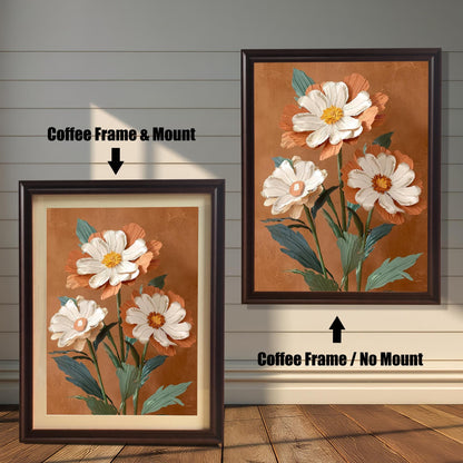 Comparison of the floral print in a Coffee wood frame: Left is "Coffee Frame & Mount" with a light matting, and Right is "Coffee Frame / No Mount" without matting.