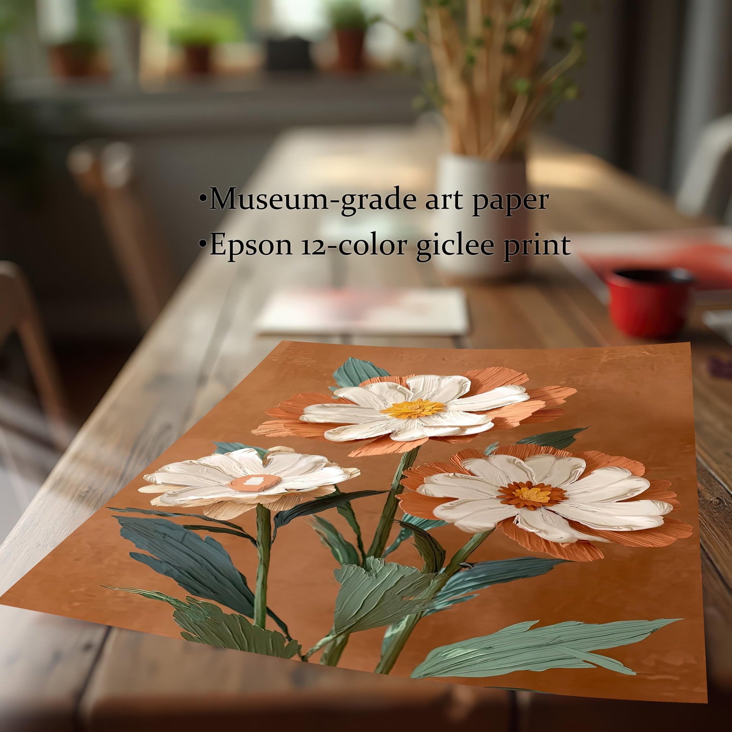 Close-up detail of the art print lying on a wooden table, emphasizing the brushstroke texture effect of the white and terracotta flowers. Text notes "Museum-grade art paper" and "Epson 12-color giclee print."