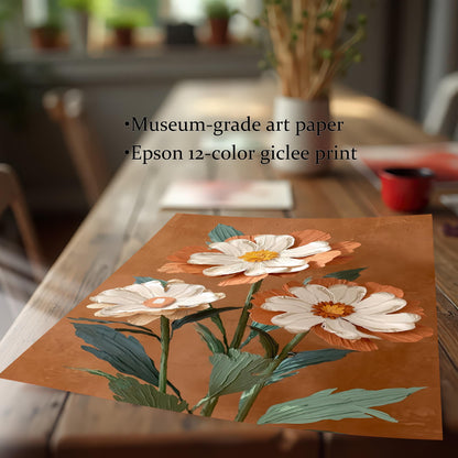 Close-up detail of the art print lying on a wooden table, emphasizing the brushstroke texture effect of the white and terracotta flowers. Text notes "Museum-grade art paper" and "Epson 12-color giclee print."