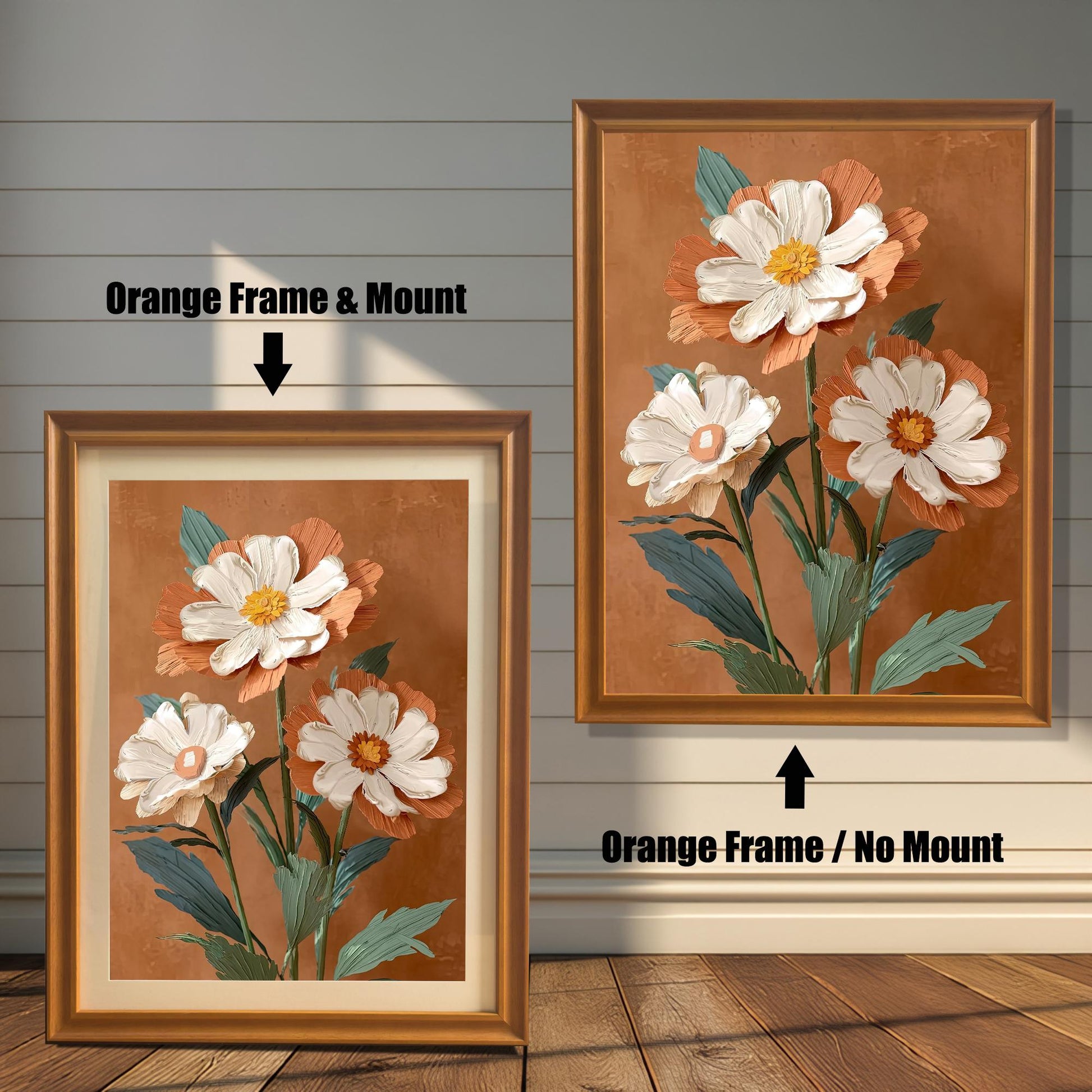 Comparison of the floral print in an Orange wood frame: Left is "Orange Frame & Mount" with a light matting, and Right is "Orange Frame / No Mount" without matting.