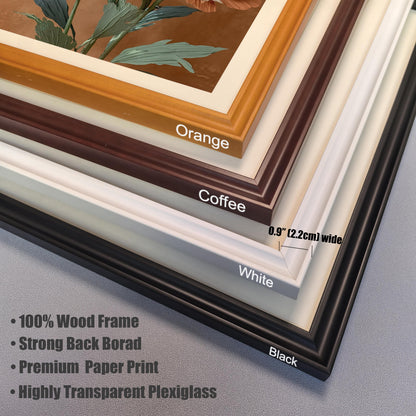 Close-up view of four wood frame color options: Orange, Coffee, White, and Black. The detail shows an art print with a visible texture effect, featuring white and orange flowers on a burnt orange background. Text lists product features: 100% Wood Frame, Strong Backboard, Premium Paper Print, Highly Transparent Plexiglass.