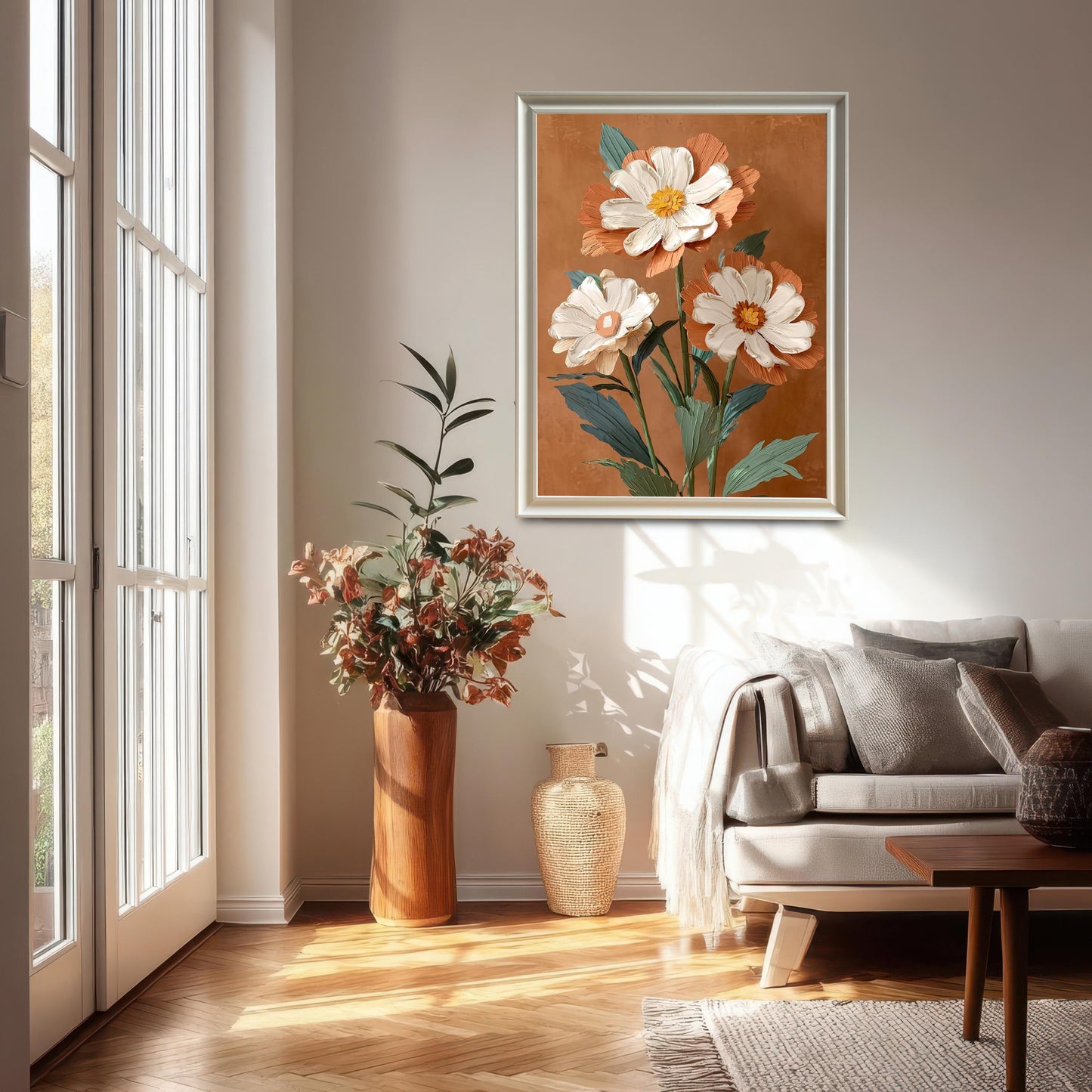 Lifestyle photo of the framed floral art hanging on a light wall in a sunny living room. The print is in a White wood frame and features three white and terracotta flowers with a visible painted texture, displayed above a neutral couch.
