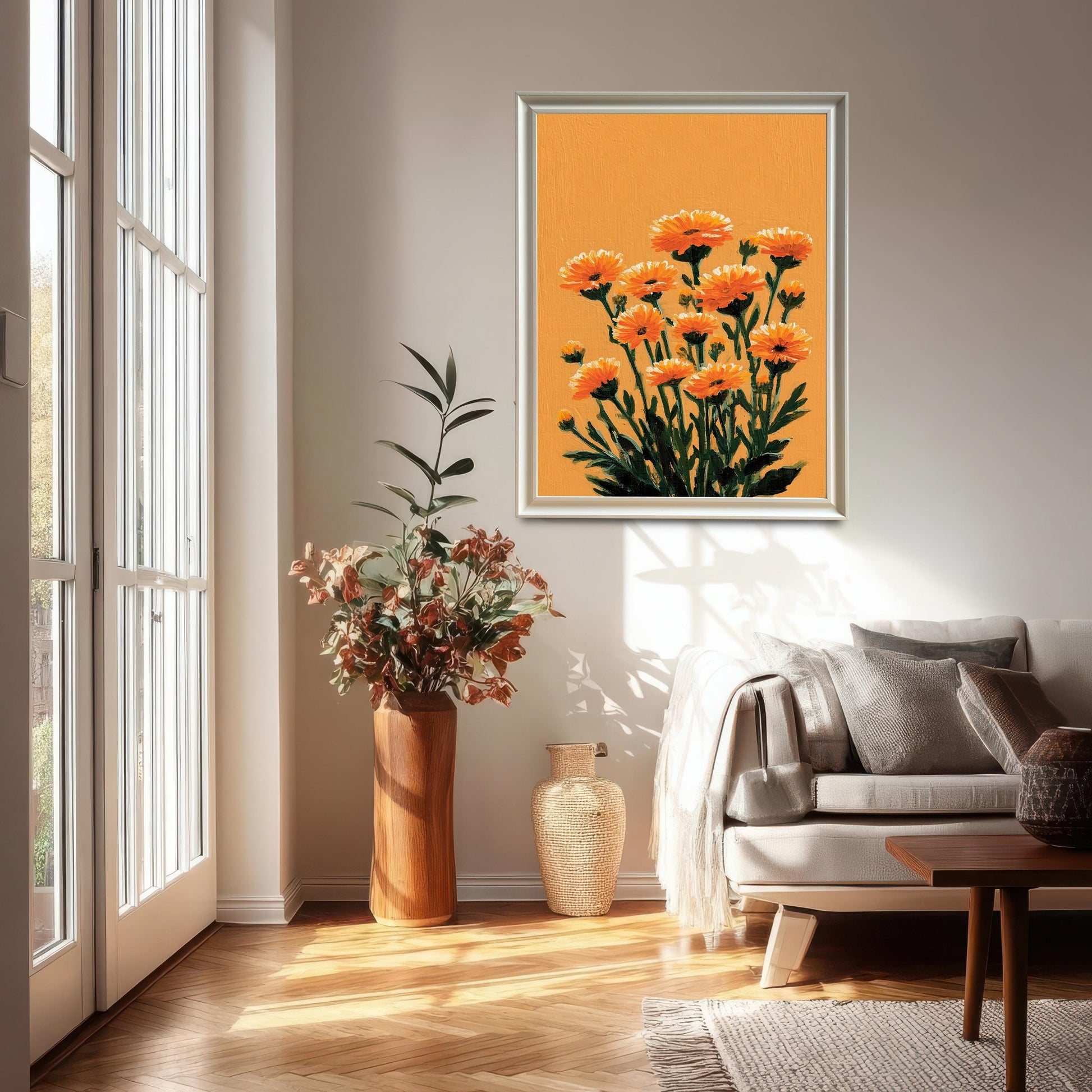 A large, framed orange floral art print with a Silver/Light Gray Frame hanging on a wall in a sunlit living room above a light gray sofa. The room features a tall glass door, a wooden vase with dried foliage, and hardwood floors.