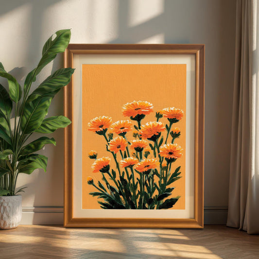 A portrait-oriented orange floral art print in an Orange wood frame leaning on the floor against a white wall next to a potted green plant and curtain.