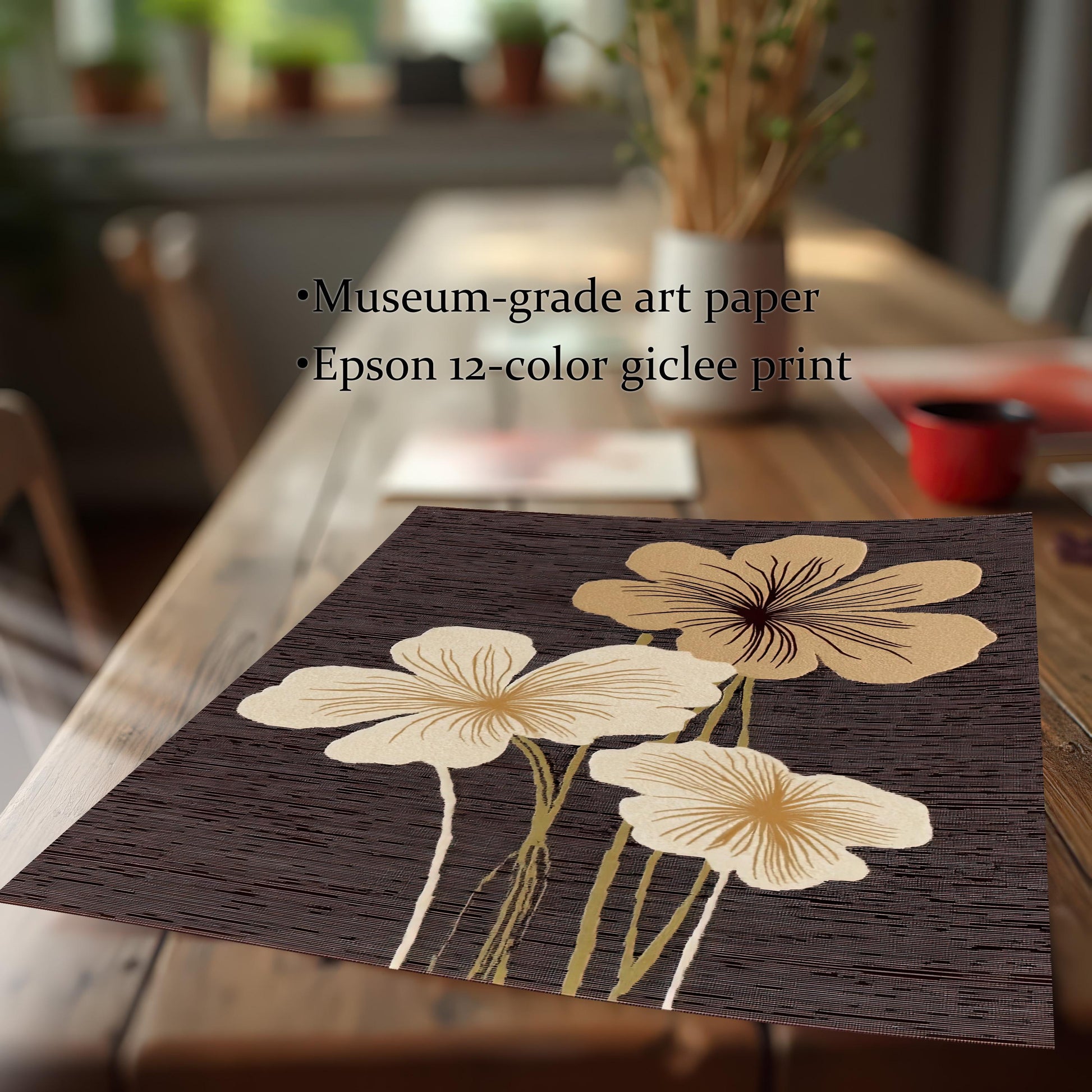 Close-up of an unframed abstract floral art print on a wooden dining table, emphasizing the dark, textured background with cream and beige flowers. Text highlights Museum-grade art paper and Epson 12-color giclée print.