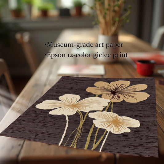 Close-up of an unframed abstract floral art print on a wooden dining table, emphasizing the dark, textured background with cream and beige flowers. Text highlights Museum-grade art paper and Epson 12-color giclée print.