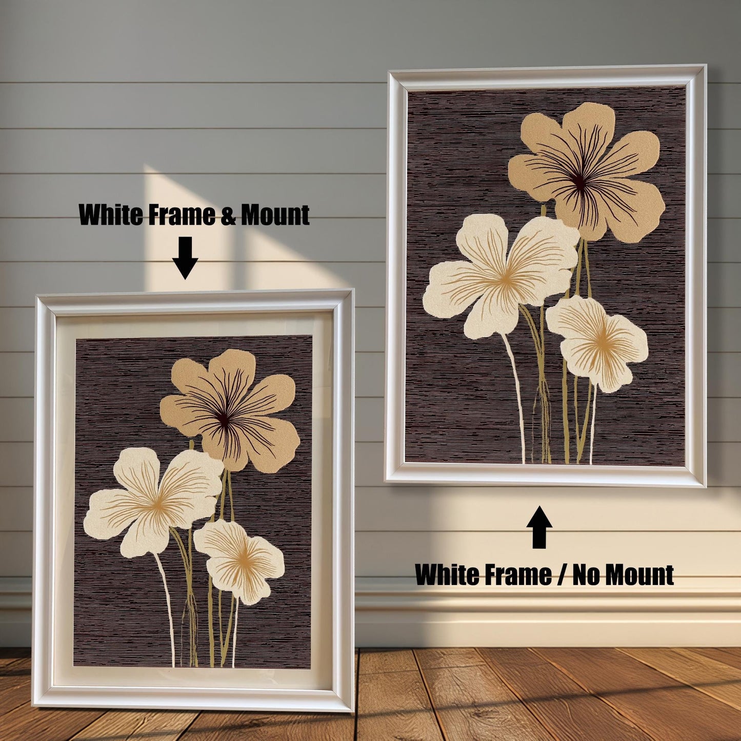 Two framed abstract floral art prints against a white wood panel wall. The print on the left has a White Frame & Mount (matting). The print on the right has a White Frame / No Mount.