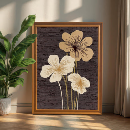 A portrait-oriented abstract floral art print in an Orange/Wood-tone frame leaning on the floor against a wall, next to a large potted green plant and curtain.