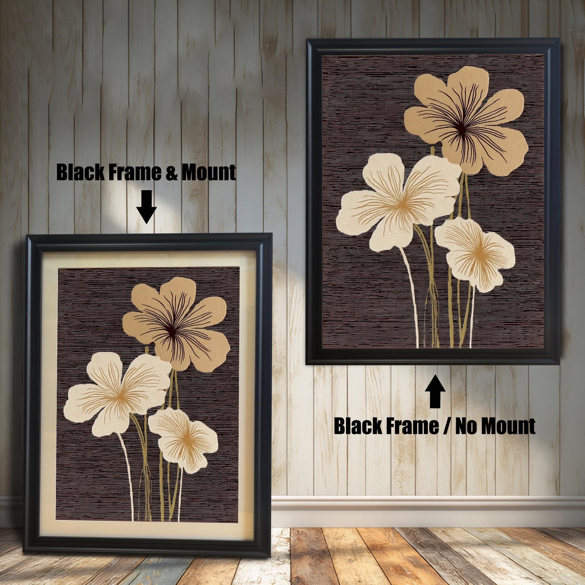 Two framed abstract floral art prints against a light wood panel wall. The print on the left has a Black Frame & Mount (matting). The print on the right has a Black Frame / No Mount.