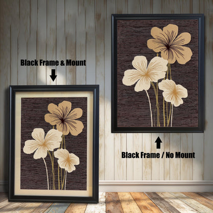 Two framed abstract floral art prints against a light wood panel wall. The print on the left has a Black Frame & Mount (matting). The print on the right has a Black Frame / No Mount.