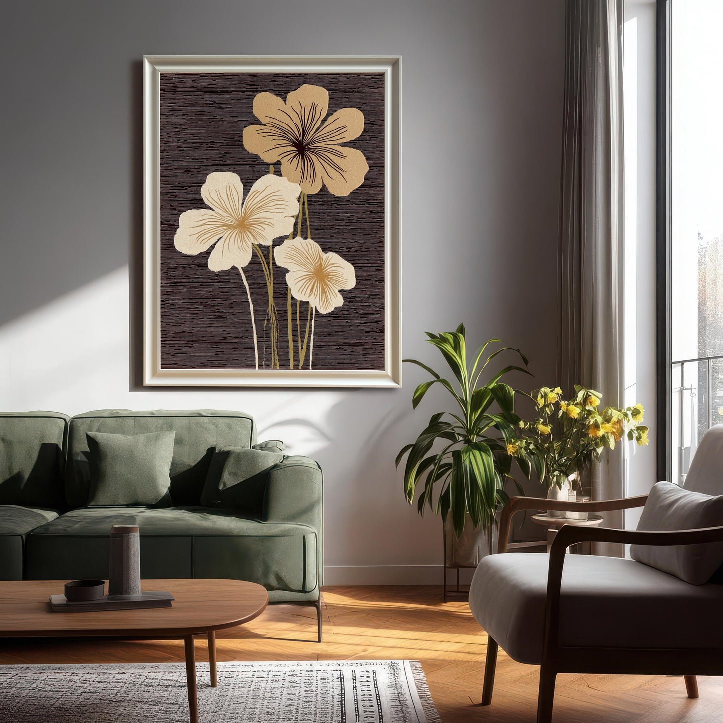 A large, framed abstract floral art print with a Silver/Light Gray Frame hanging on a gray wall above a green sofa in a modern living room.