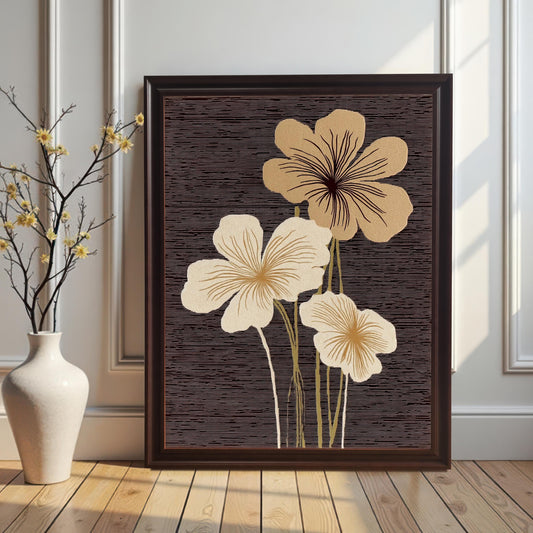 A portrait-oriented abstract floral art print in a Coffee/Dark Brown frame leaning on a wood floor against a white paneled wall, next to a white vase with decorative yellow branches.
