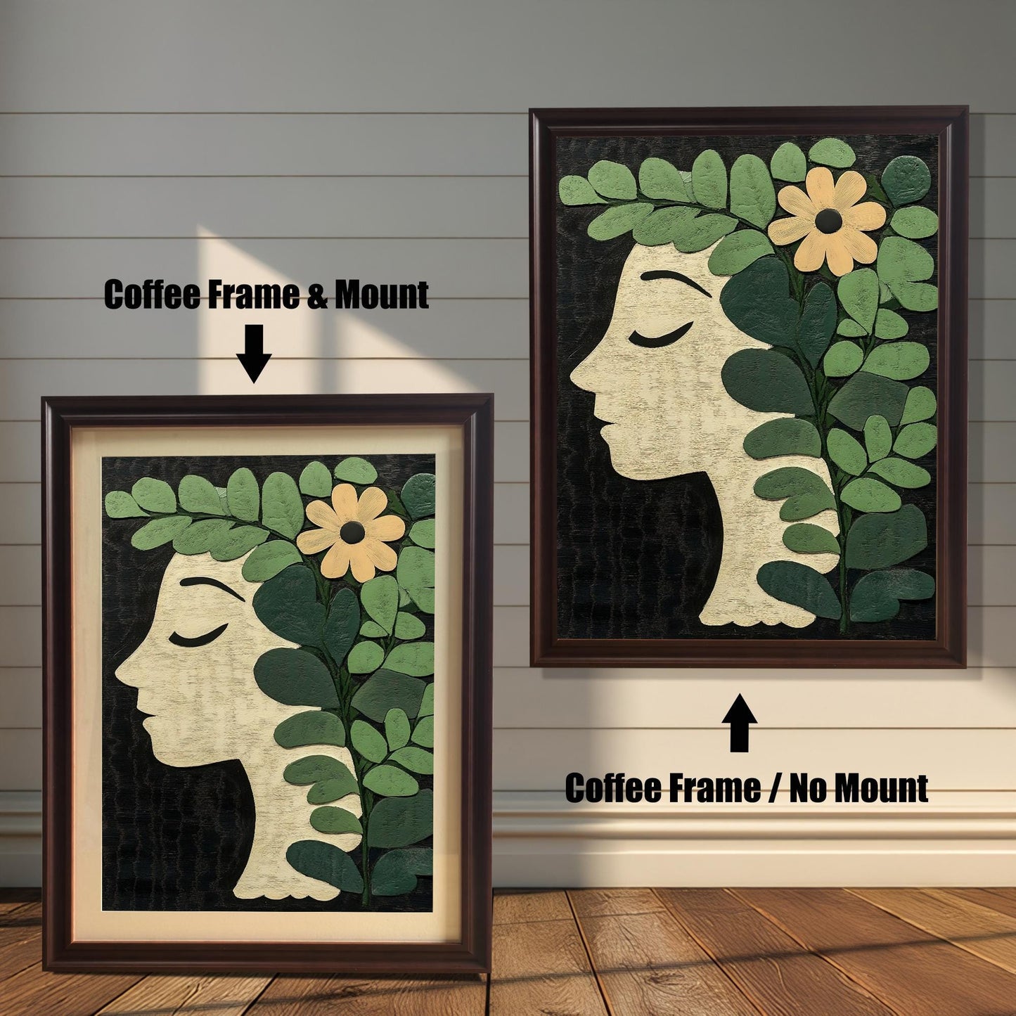 Two framed botanical profile art prints against a white wood panel wall. The print on the left has a Coffee Frame & Mount (matting). The print on the right has a Coffee Frame / No Mount.
