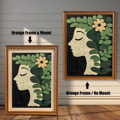 Two framed botanical profile art prints against a white wood panel wall. The print on the left has an Orange Frame & Mount (matting). The print on the right has an Orange Frame / No Mount.