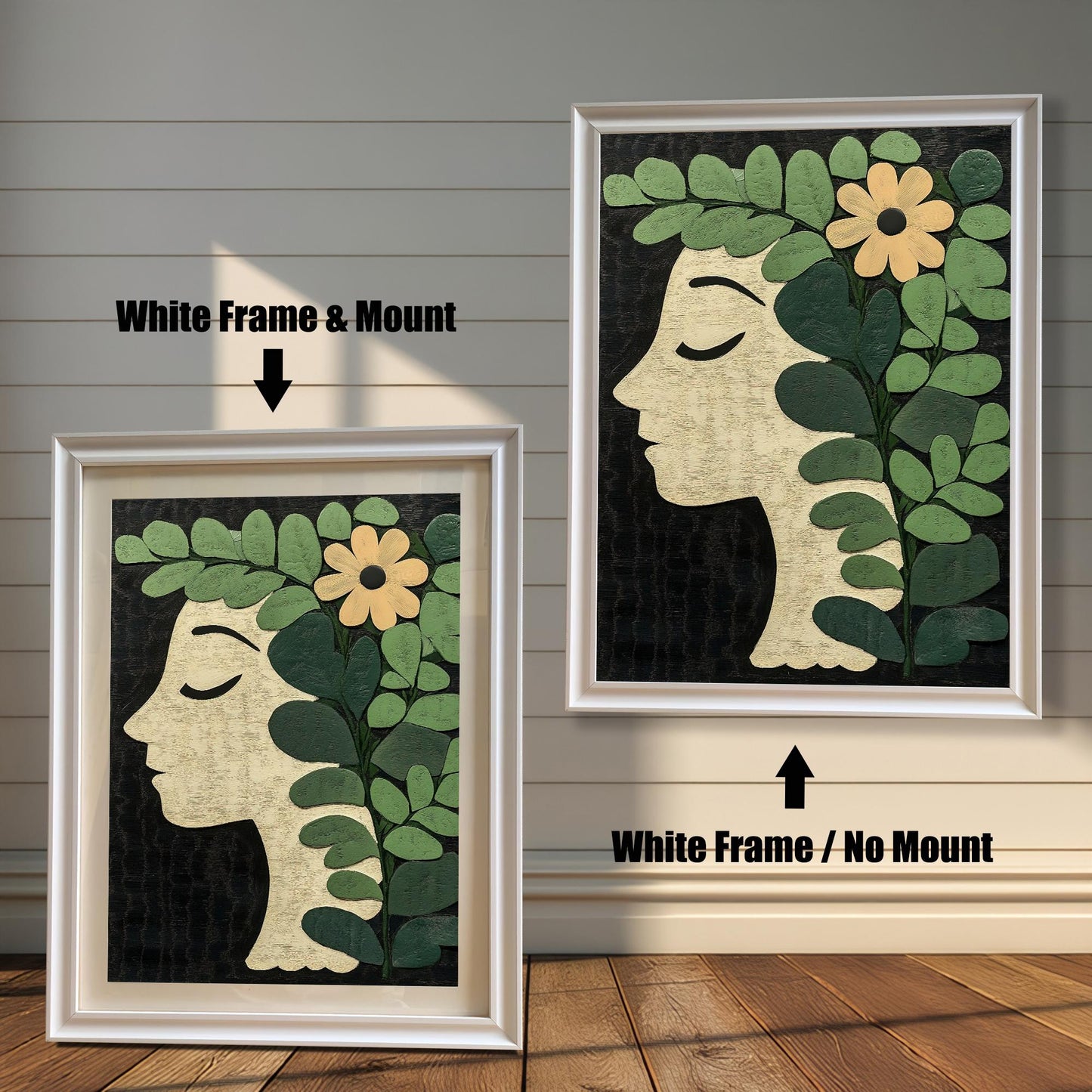 Two framed botanical profile art prints against a white wood panel wall. The print on the left has a White Frame & Mount (matting). The print on the right has a White Frame / No Mount.