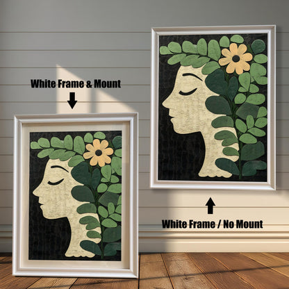 Two framed botanical profile art prints against a white wood panel wall. The print on the left has a White Frame & Mount (matting). The print on the right has a White Frame / No Mount.