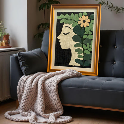 A framed botanical profile art print in an Orange/Gold wood frame with a mount leaning against a dark gray tufted sofa with a knit beige throw blanket.