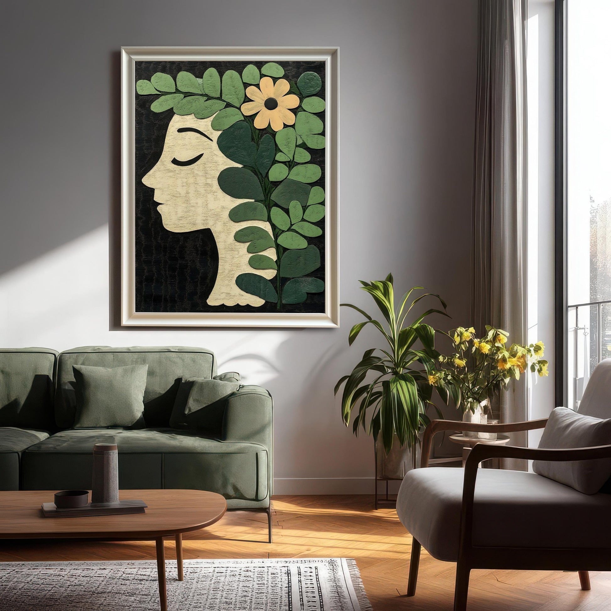 A large, framed botanical profile art print with a Silver/Light Gray Frame hanging on a gray wall above a green sofa in a modern living room.