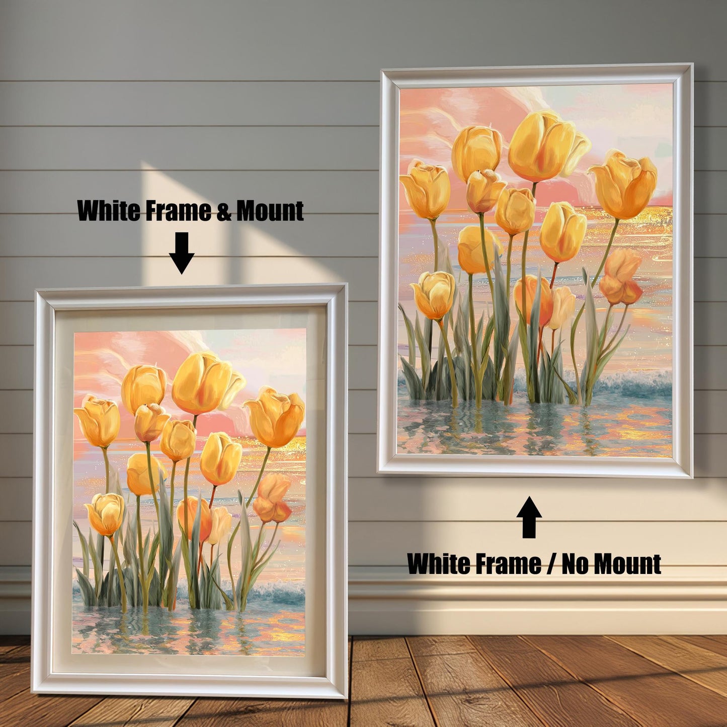 Two framed yellow tulips art prints against a white wood panel wall. The print on the left has a White Frame & Mount (matting). The print on the right has a White Frame / No Mount.