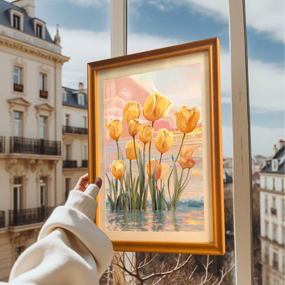 A hand holding a framed yellow tulips in water art print in an Orange/Gold frame up to a window overlooking European-style city buildings.