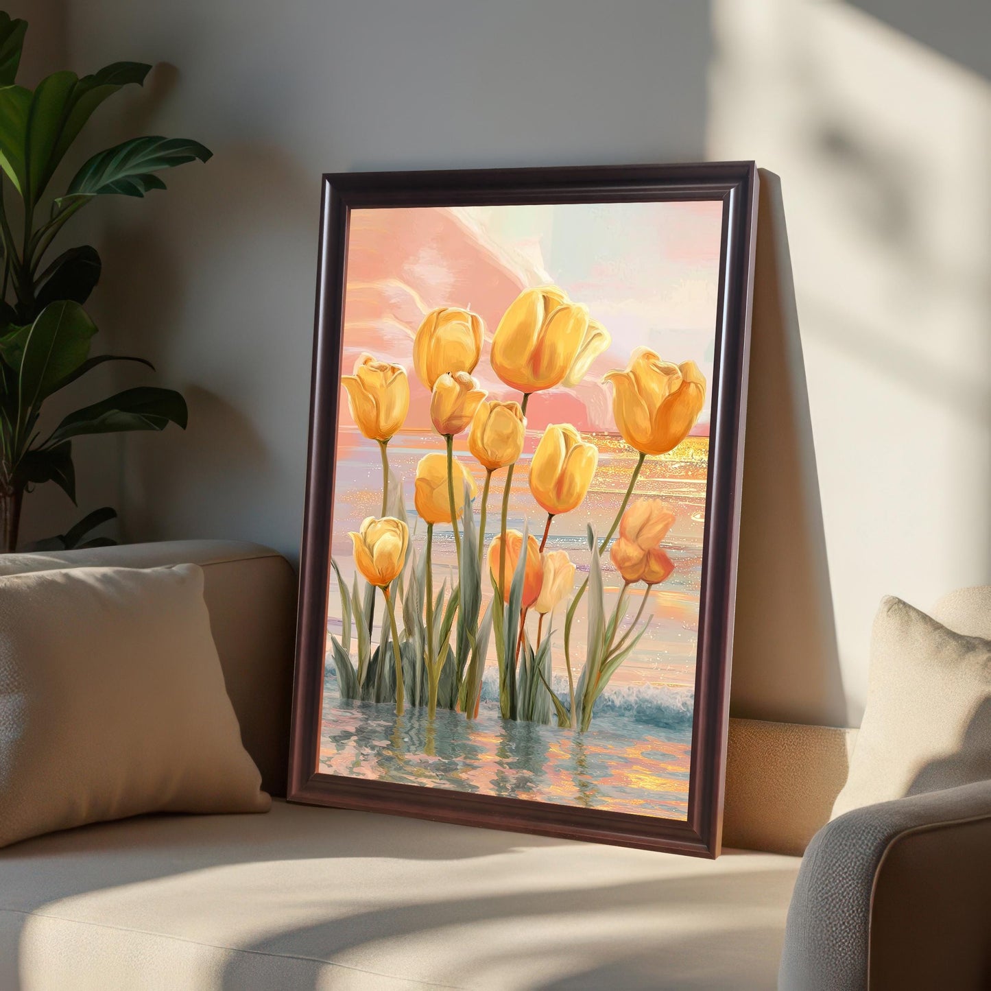 A portrait-oriented yellow tulips in water art print in a Coffee/Dark Brown frame leaning against a wall on a light-colored sofa, with soft sunlight highlighting the colors.