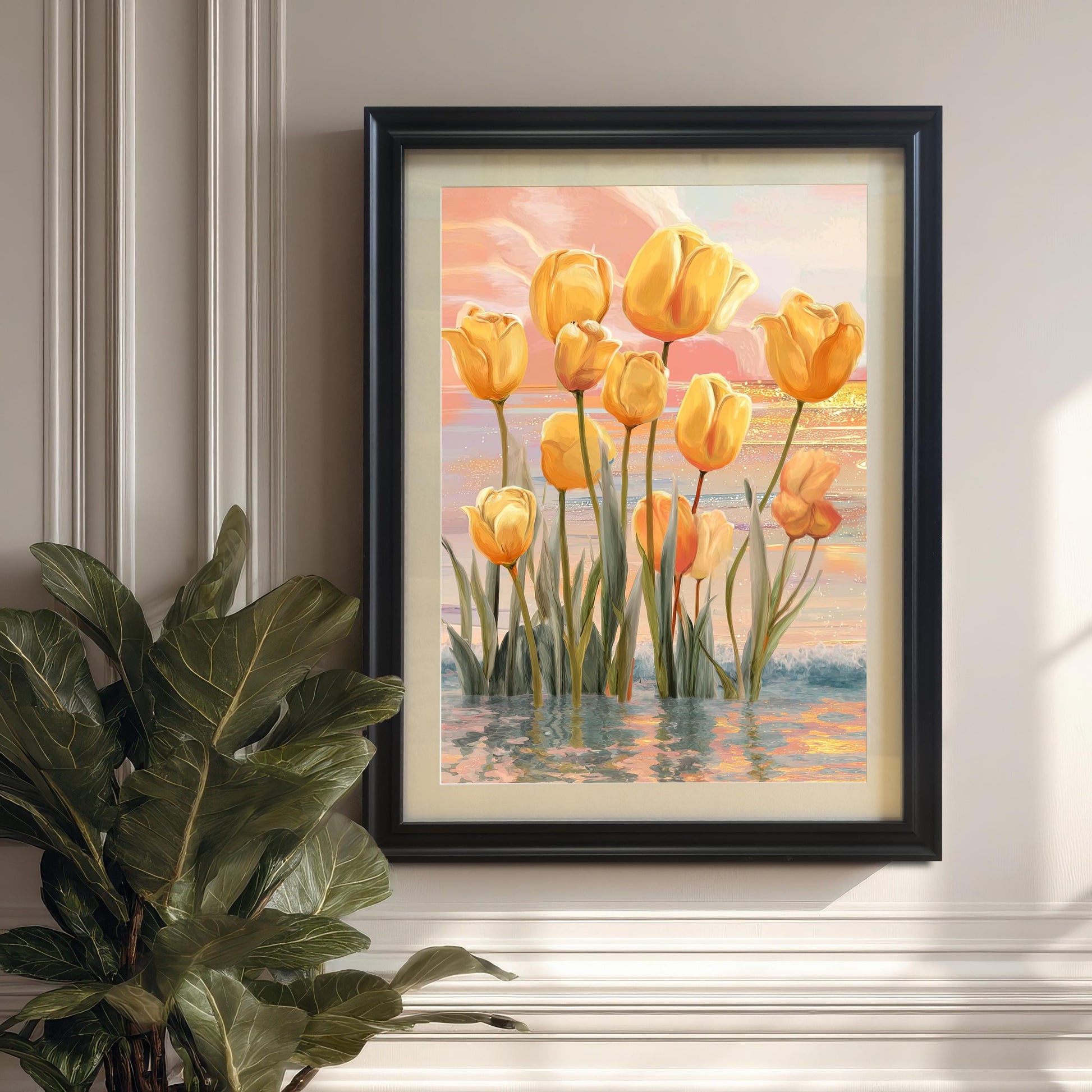 A framed yellow tulips in water art print in a Black frame with a mount hanging on a white paneled wainscoting wall, next to a large potted houseplant