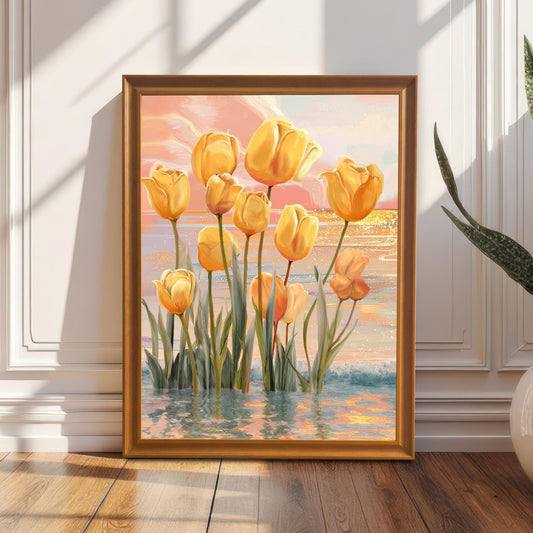 A portrait-oriented yellow tulips in water art print in an Orange/Wood-tone frame leaning on a wood floor against a white paneled wall, next to a potted snake plant.