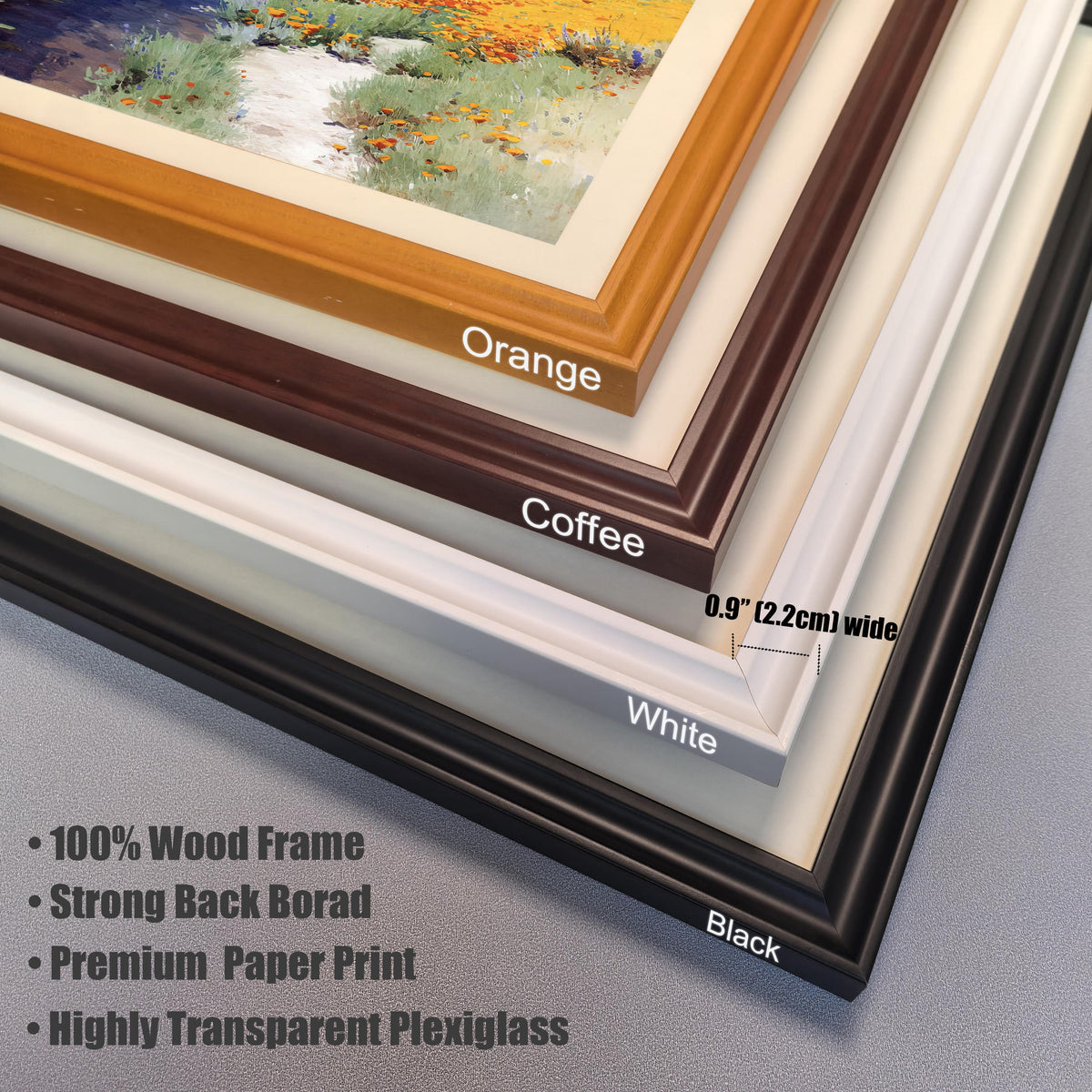 Close-up stack of four corner samples showing the available wood frame colors and specs: Orange, Coffee, White, and Black. Text highlights: ""0.9"" (2.2cm) wide,"" ""100% Wood Frame,"" ""Strong Back Board,"" ""Premium Paper Print,"" and ""Highly Transparent Plexiglass."""
