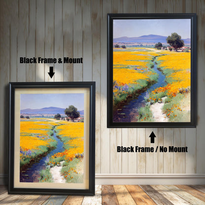 Two options for the framed art print: a smaller one with a Black Frame & Mount (or mat) and a larger one with a Black Frame / No Mount. Both are against a wood-paneled wall.