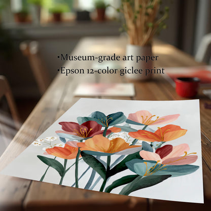 Close-up of an art print of the abstract floral design on a wooden table, highlighting the print quality features: Museum-grade art paper and Epson 12-color giclee print.